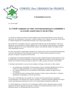 2026-02-05 – Condamnation de l’écocide au glyphosate par l&rsquo;armée israélienne dans le Sud du Liban